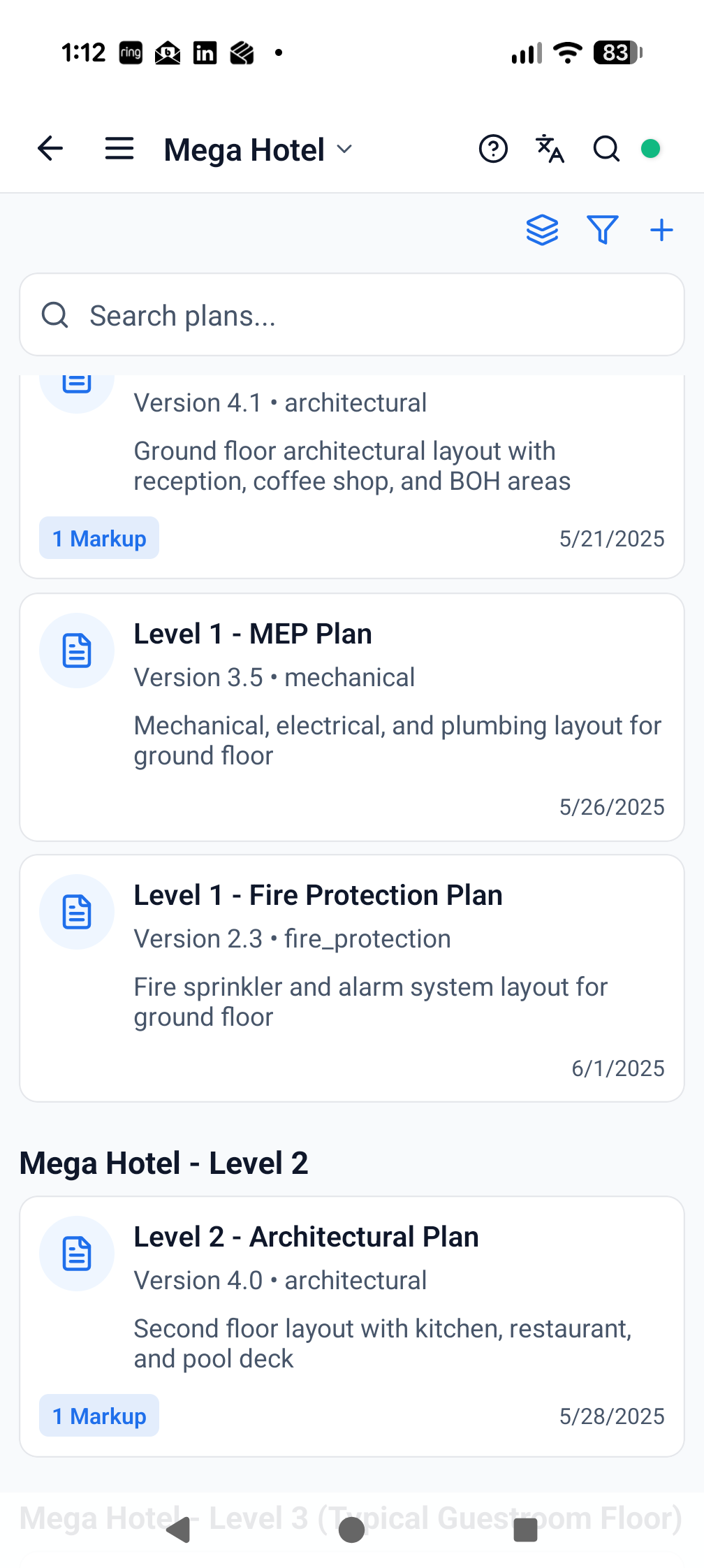 Plans screen in the English version of ProTrac CMS